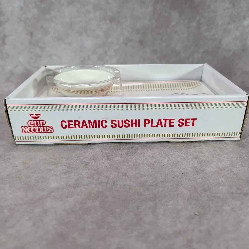 Nissin Cup Noodles Ceramic Sushi Plate Set Sauce Dish Chopsticks Silver Buffalo